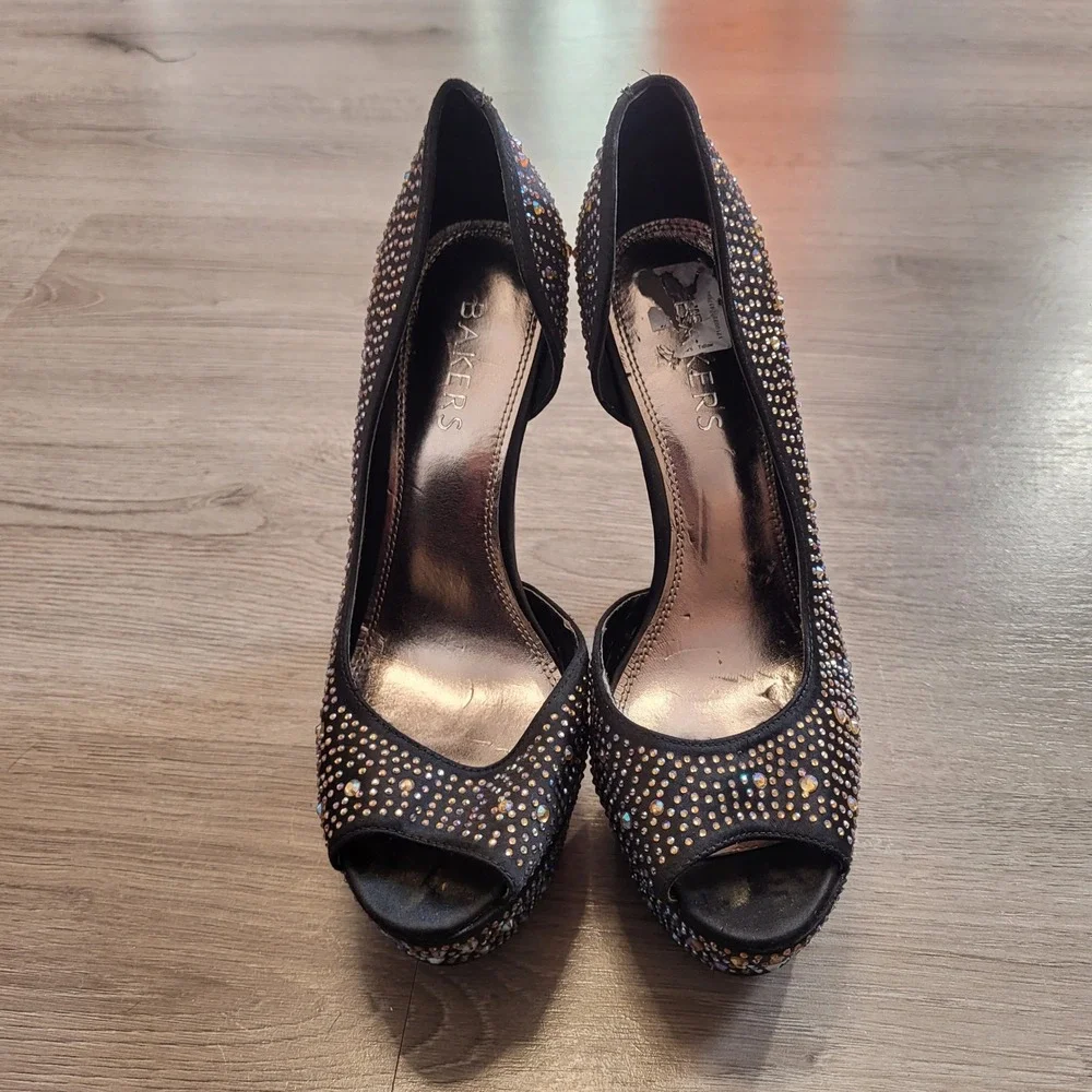 Bakers‎ Y2K Showstopper Black Rhinestone Platform Peep Toe Stiletto Pumps size 8